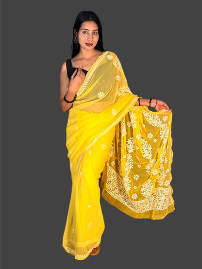 Lucknowi Chikankari Yellow Georgette Saree (With Blouse)-S00009