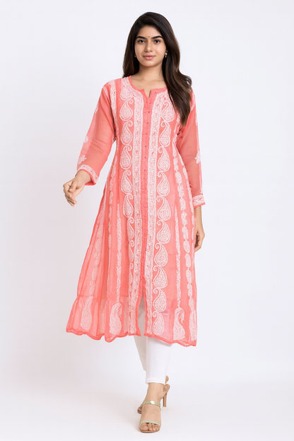 Lucknow Chikankari Peach 'Aarooi' Georgette Anarkali-K000006