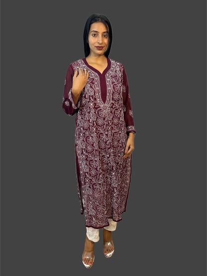 Lucknowi Chikankari Wine Georgette Kurti-K000039