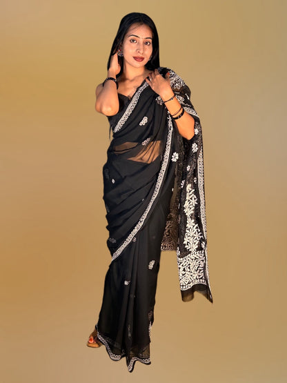 Lucknowi Chikankari Black Georgette Saree (With Blouse)-S00006