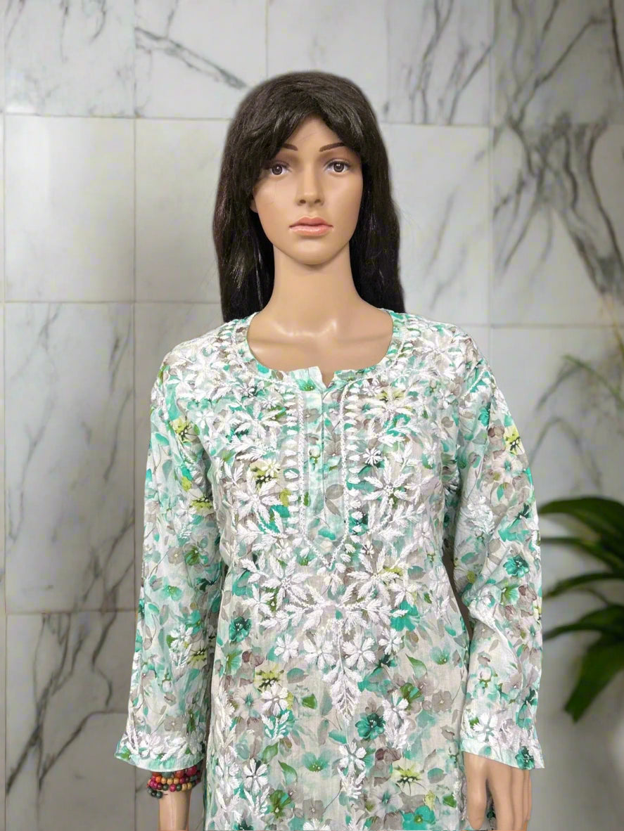 Lucknowi Chikankari Green Printed Cotton Kurta Bottom Set-Kb00005