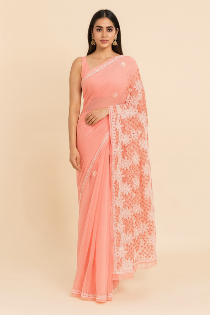 Lucknowi Chikankari Peach 'Aarooi' Georgette Saree (With Blouse)-S00038
