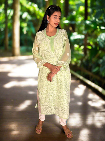 Lucknowi Chikankari Light Green Georgette Kurti-K000068