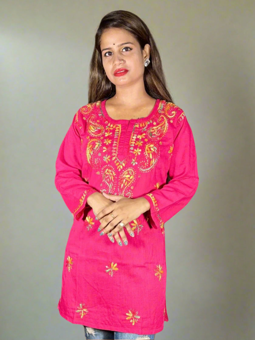 Lucknowi Chikankari Magenta Cotton Short Kurti-T000005