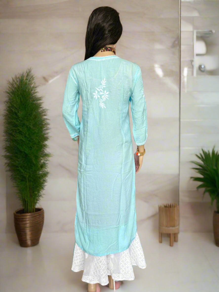 Lucknowi Chikankari Sky Blue Modal Kurti-K000119