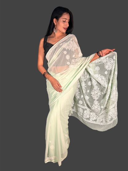 Lucknowi Chikankari Green Georgette Saree (With Blouse)-S00004