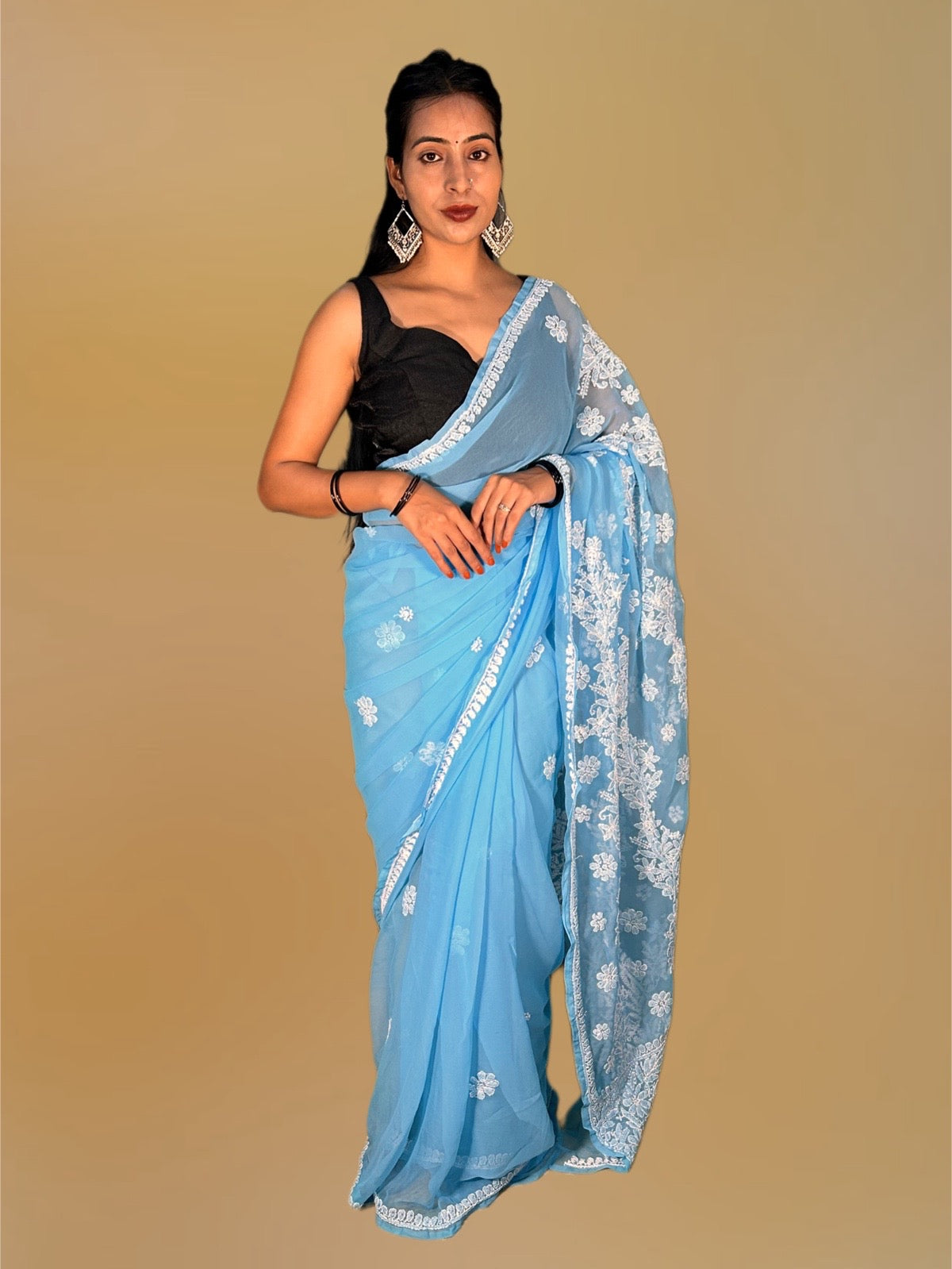 Lucknowi Chikankari Blue Georgette Saree (With Blouse)-S00002