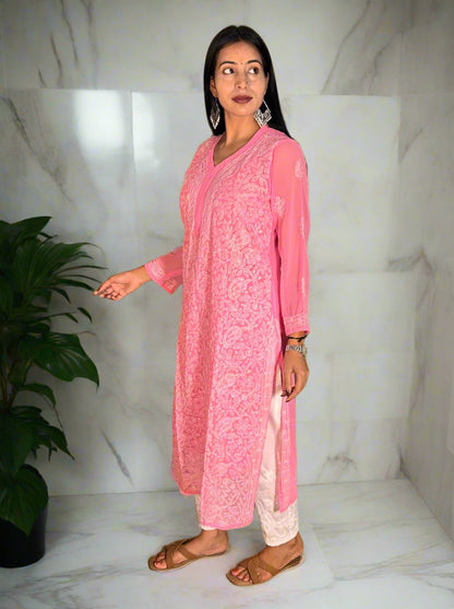 Lucknowi Chikankari Pink Georgette Kurti-K000063