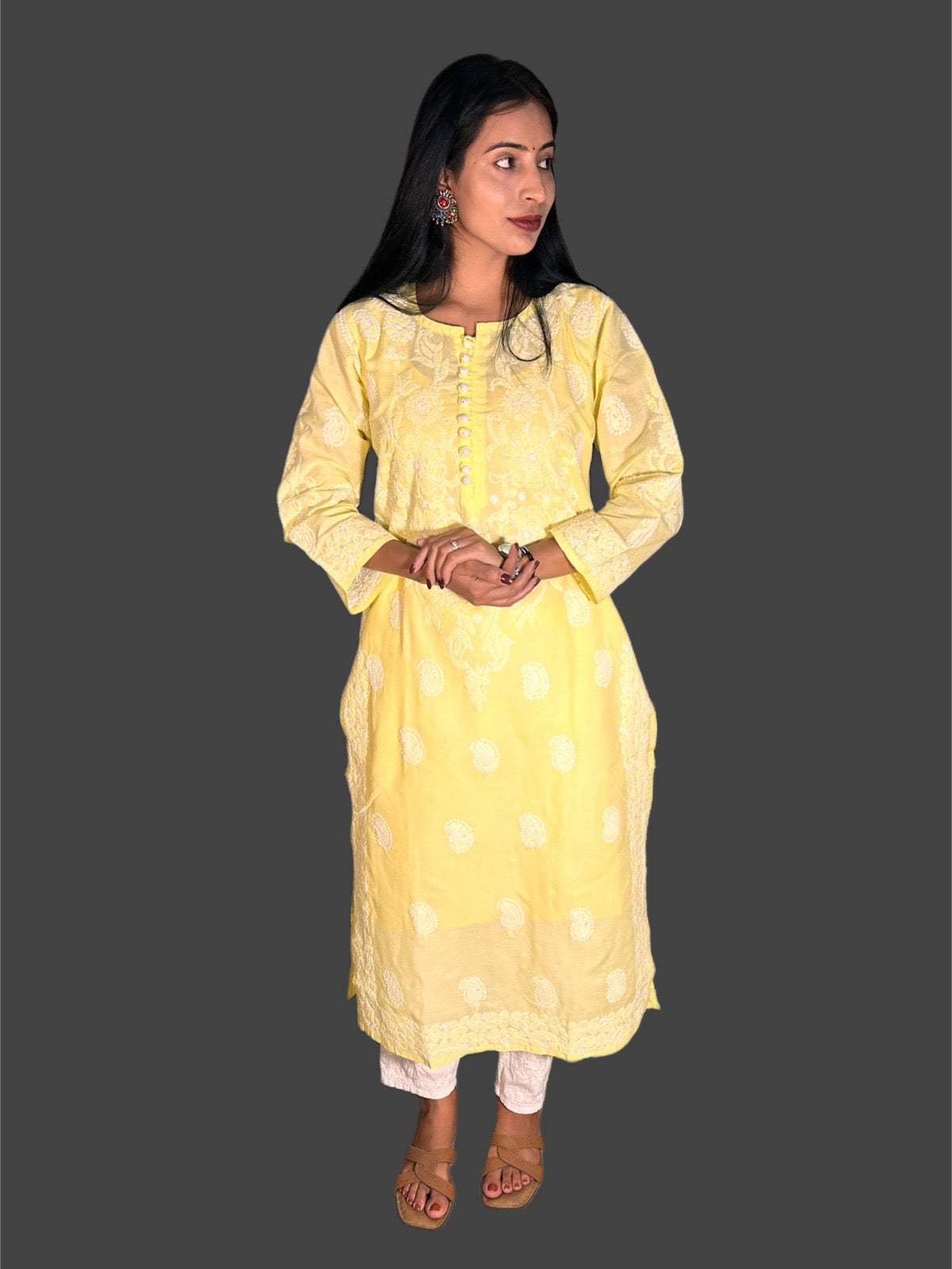 Lucknowi Chikankari Yellow Cotton Kurti-K000054