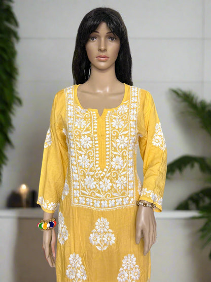 Lucknowi Chikankari Mustard Yellow Modal Kurti-K000099