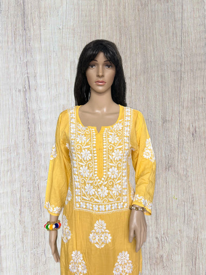 Lucknowi Chikankari Mustard Yellow Modal Kurti-K000099