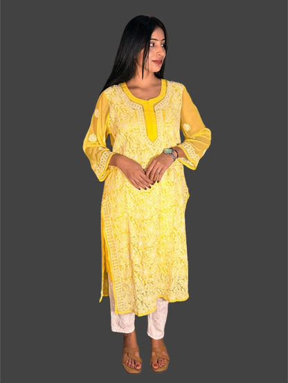 Lucknowi Chikankari Yellow 'Sunehri' Georgette Kurti-K000051