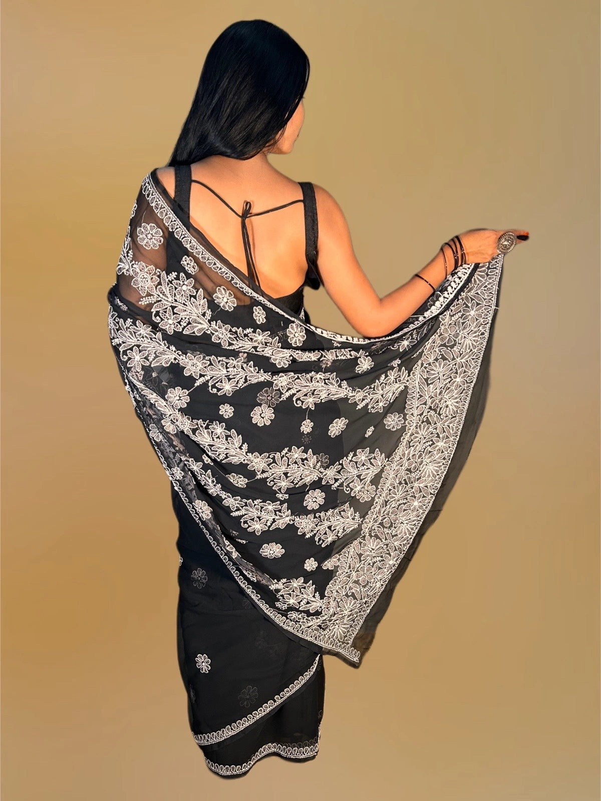 Lucknowi Chikankari Black Georgette Saree (With Blouse)-S00006