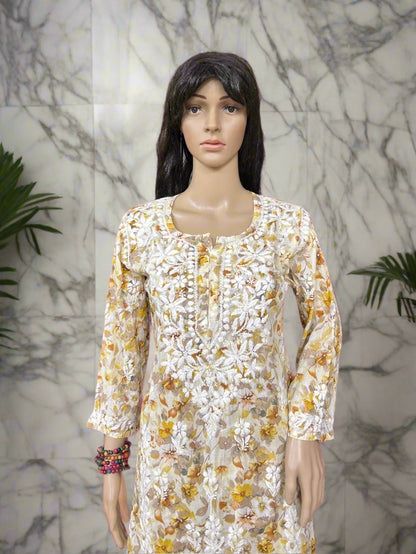 Lucknowi Chikankari Yellow Printed Cotton Kurta Bottom Set-Kb00004