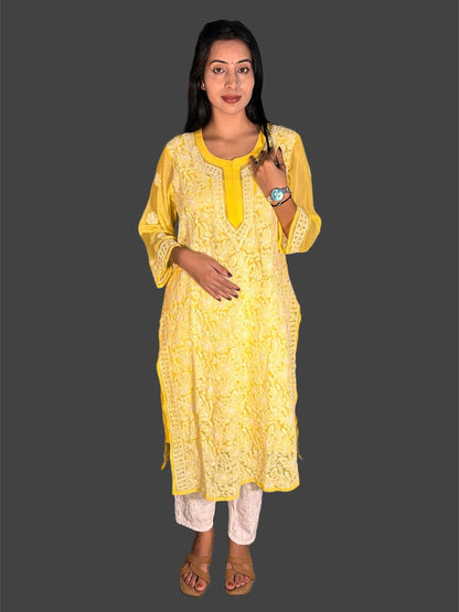 Lucknowi Chikankari Yellow Georgette Kurti-K000051