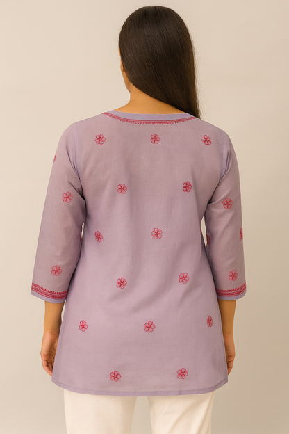Lucknowi Chikankari Lavender 'Jamuni' Cotton Short Kurti-T50024