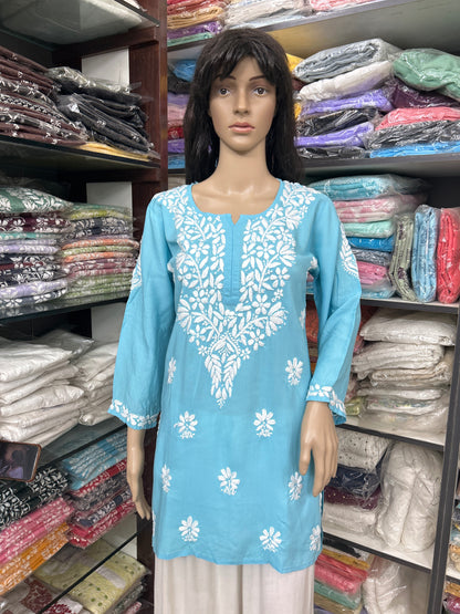 Lucknowi Chikankari Blue 'Aab-e-Asmaan' Modal Short Kurti-T40024