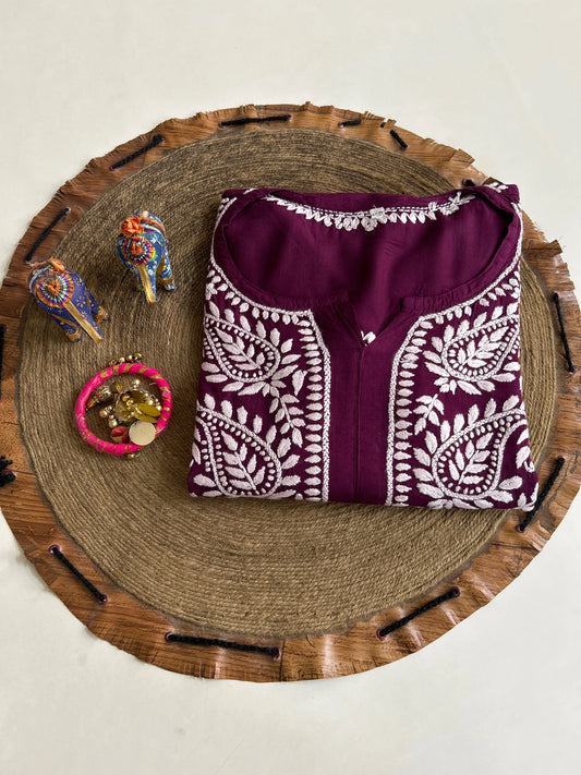 Lucknowi Chikankari Wine 'Jamuni' Rayon Kurti-K60059