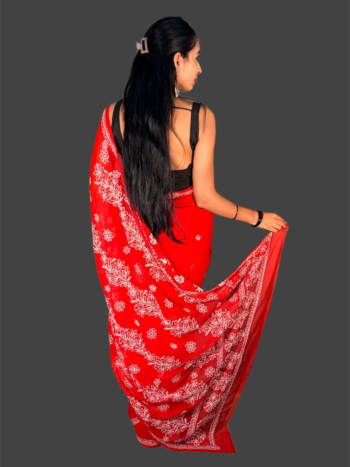 Lucknowi Chikankari Red Georgette Saree (With Blouse)-S00001