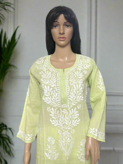 Lucknowi Chikankari Lime Green Cotton Kurti-K000106