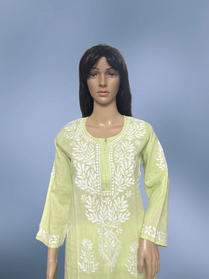 Lucknowi Chikankari Lime Green Cotton Kurti-K000106