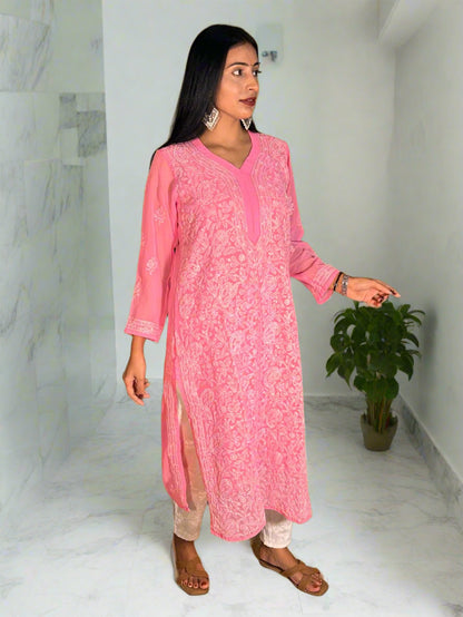 Lucknowi Chikankari Pink Georgette Kurti-K000063