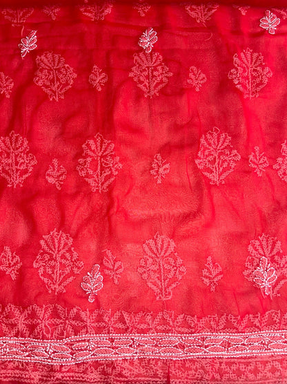 Lucknowi Chikankari Unstitched Red Georgette Kurta-Bottom-Dupatta Fabric-U30051