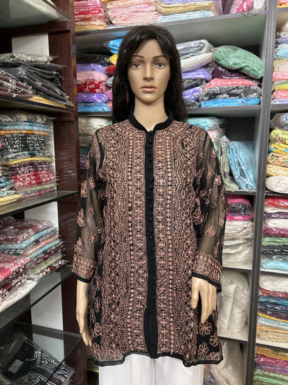 Lucknowi Chikankari Black Georgette Short Kurti-T50007