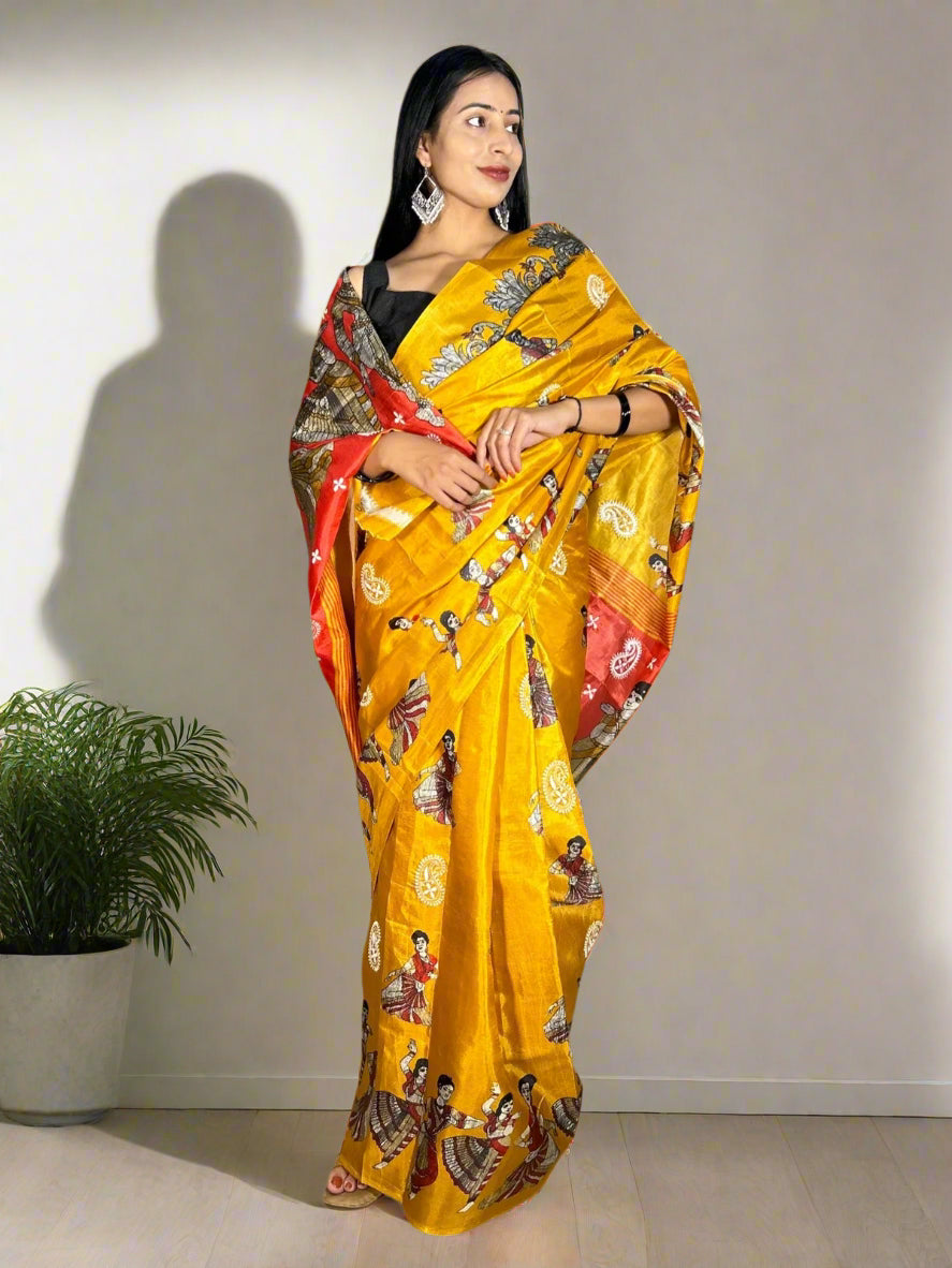 Lucknowi Chikankari Mustard Yellow Printed Faux Silk Saree-PF100001