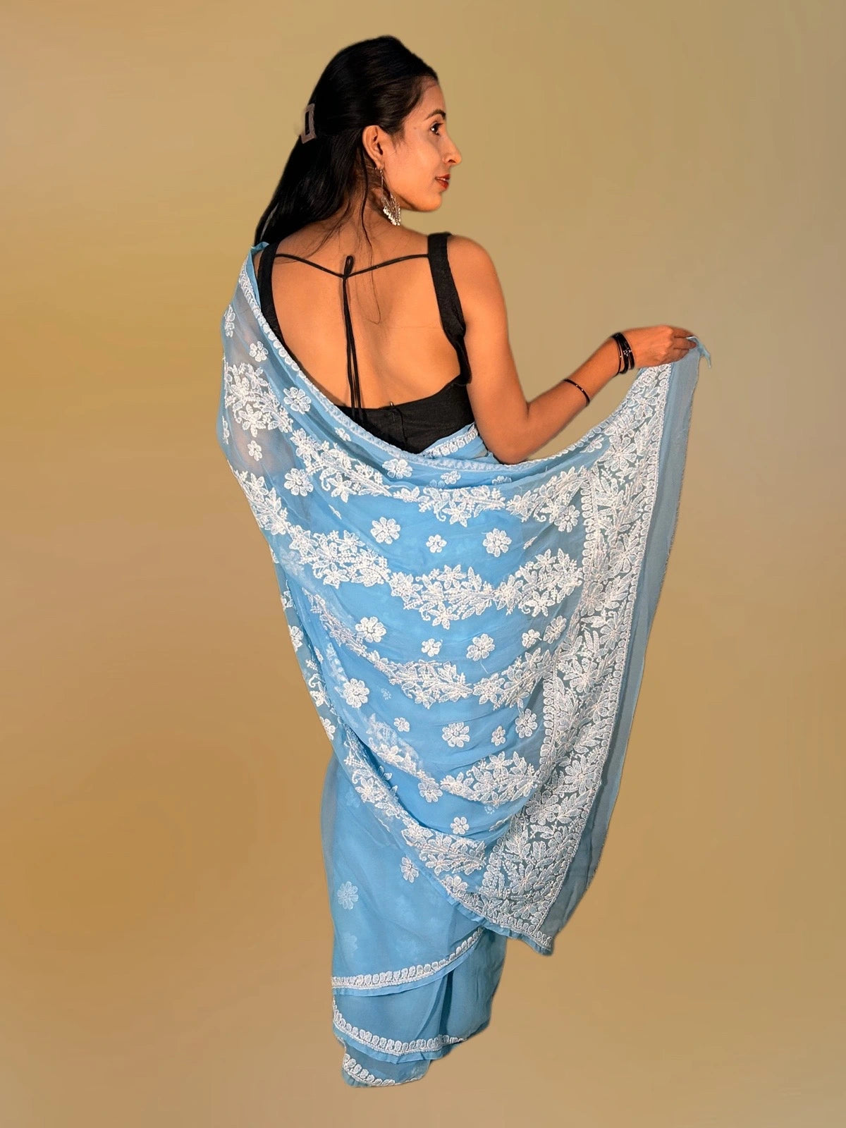 Lucknowi Chikankari Blue Georgette Saree (With Blouse)-S00002