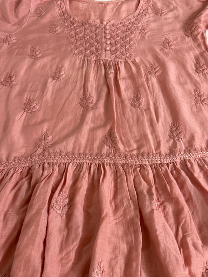 Lucknowi Chikankari Peach Muslin Short Kurti-T40015