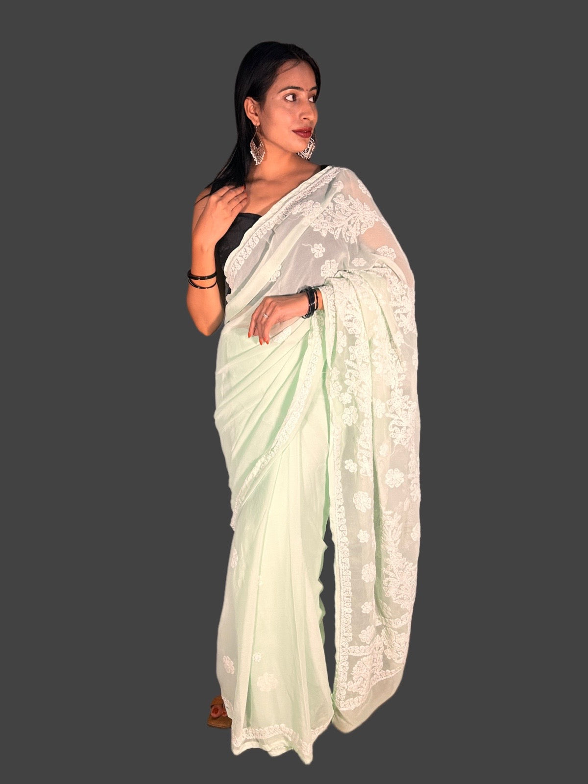 Lucknowi Chikankari Green Georgette Saree (With Blouse)-S00004