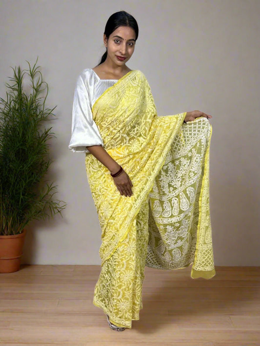 Lucknowi Chikankari Yellow Georgette Saree (With Blouse)-PF100006