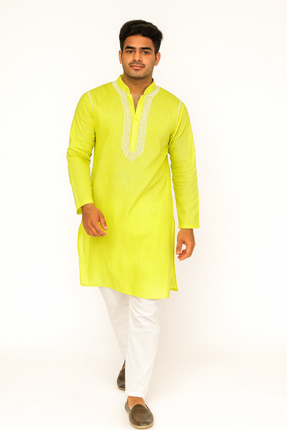 Lucknowi Chikankari Green 'Bahar' Cotton Gents Kurta-GK00016