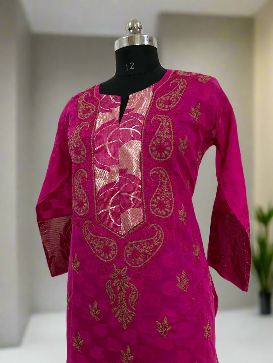 Lucknowi Chikankari Magenta Chanderi Kurti-PE00003