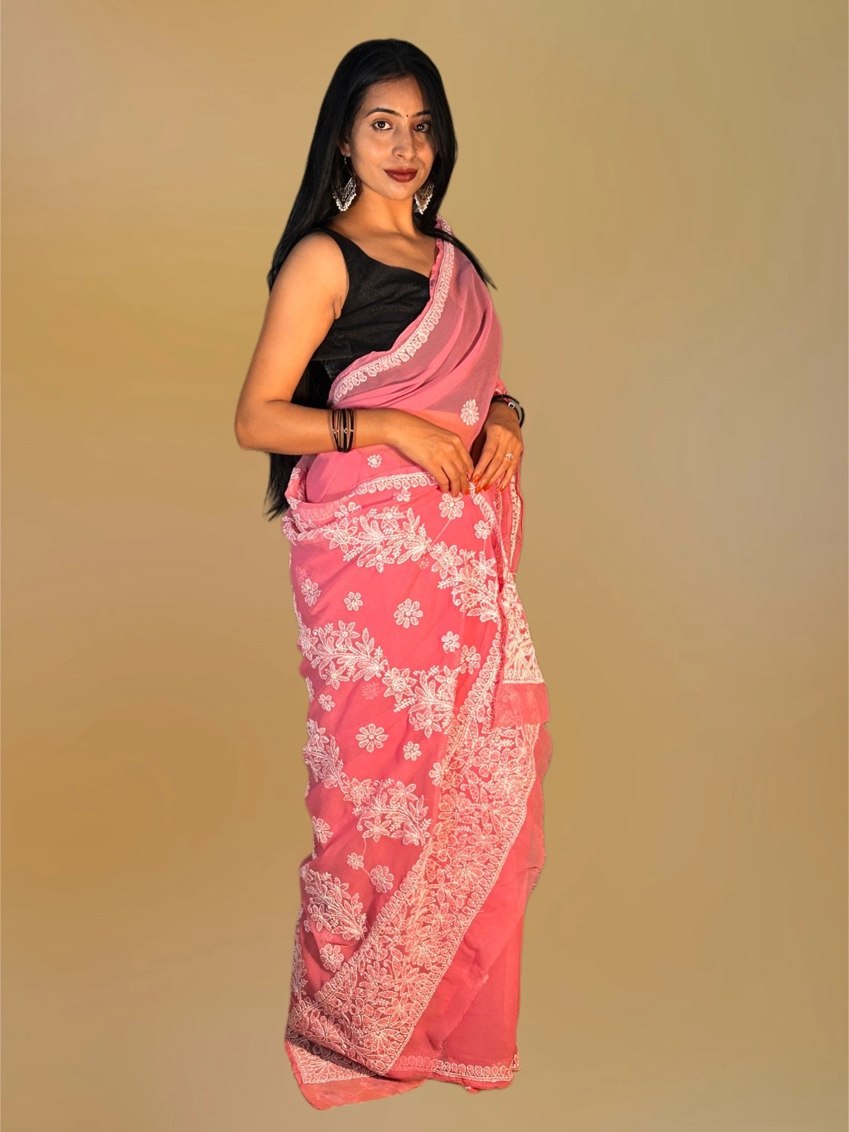 Lucknowi Chikankari Pink Georgette Saree (With Blouse)-S00010