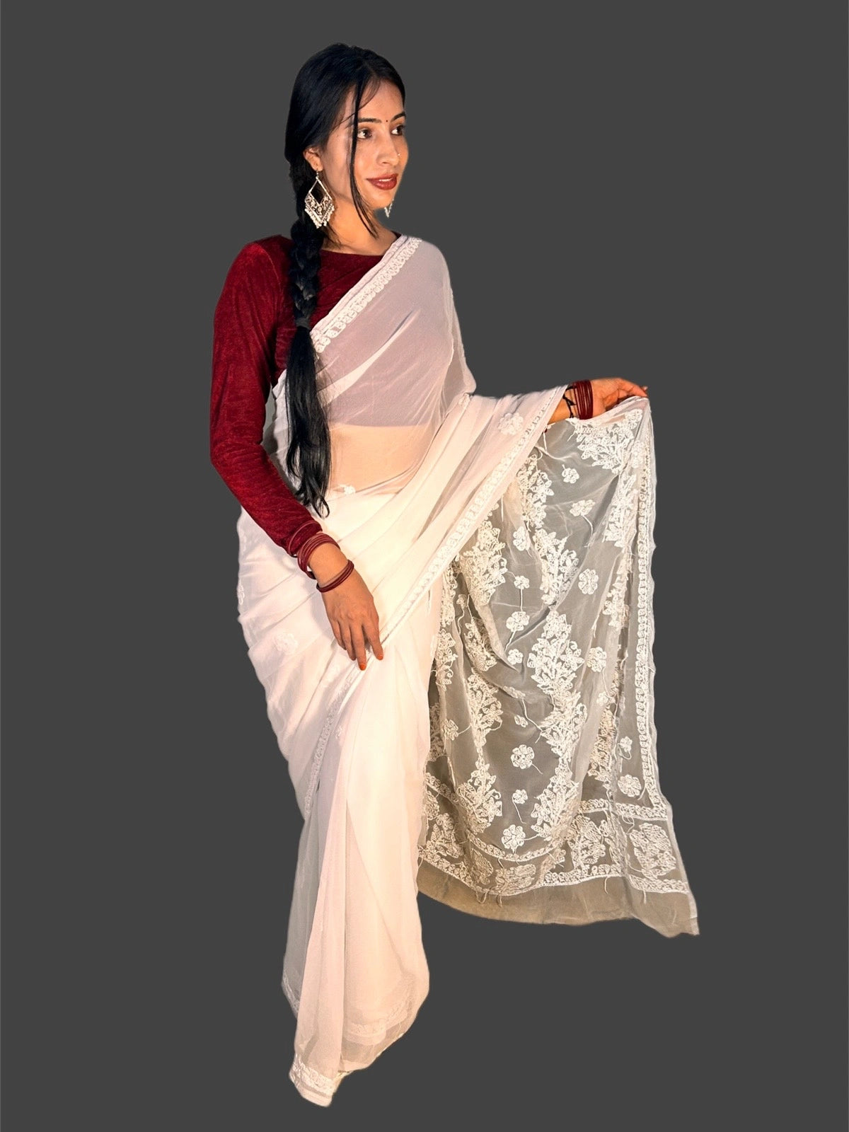 Lucknowi Chikankari White Georgette Saree (With Blouse)-S00013