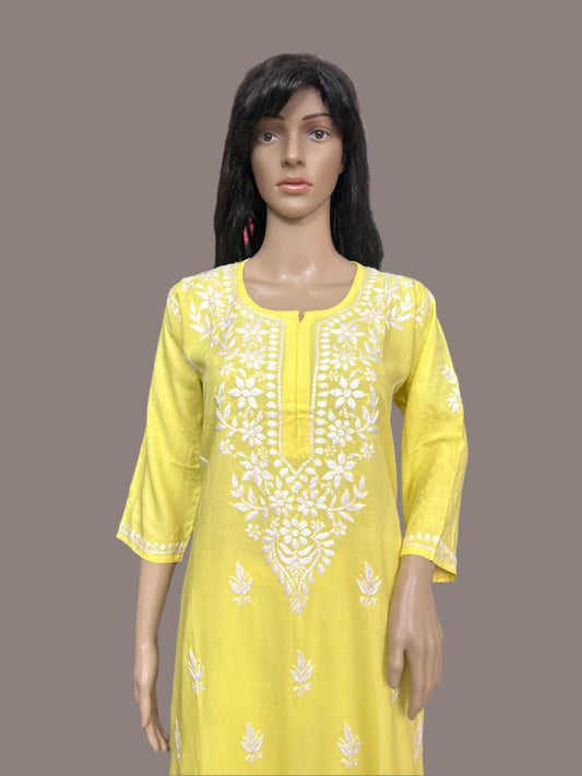 Lucknowi Chikankari Yellow Rayon Kurti-K000156