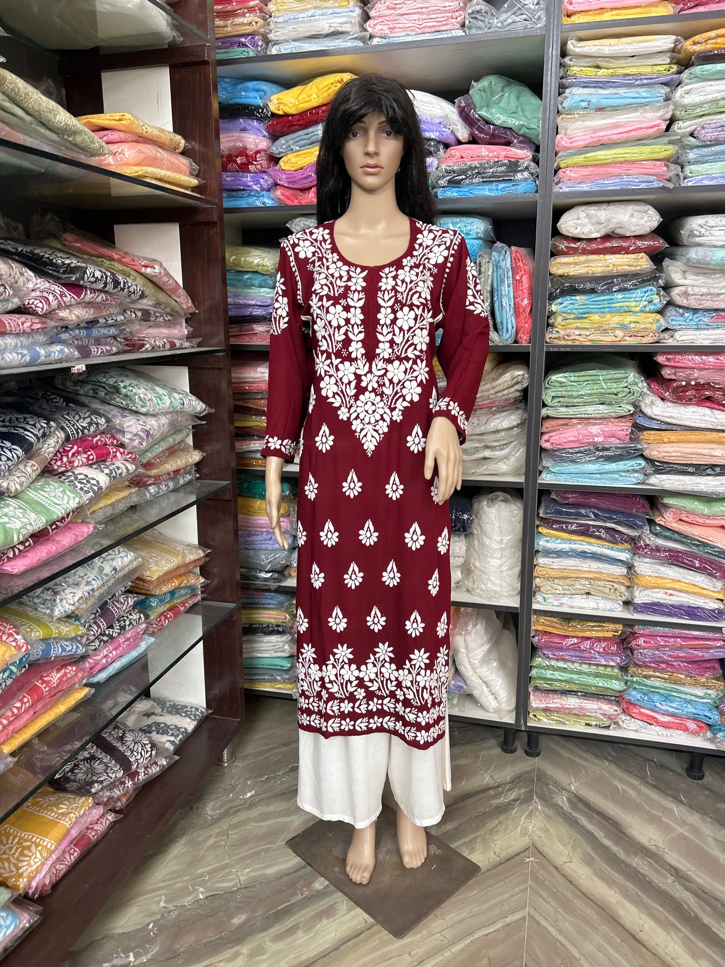 Lucknowi Chikankari Maroon 'Surkh' Modal Kurti-K40022