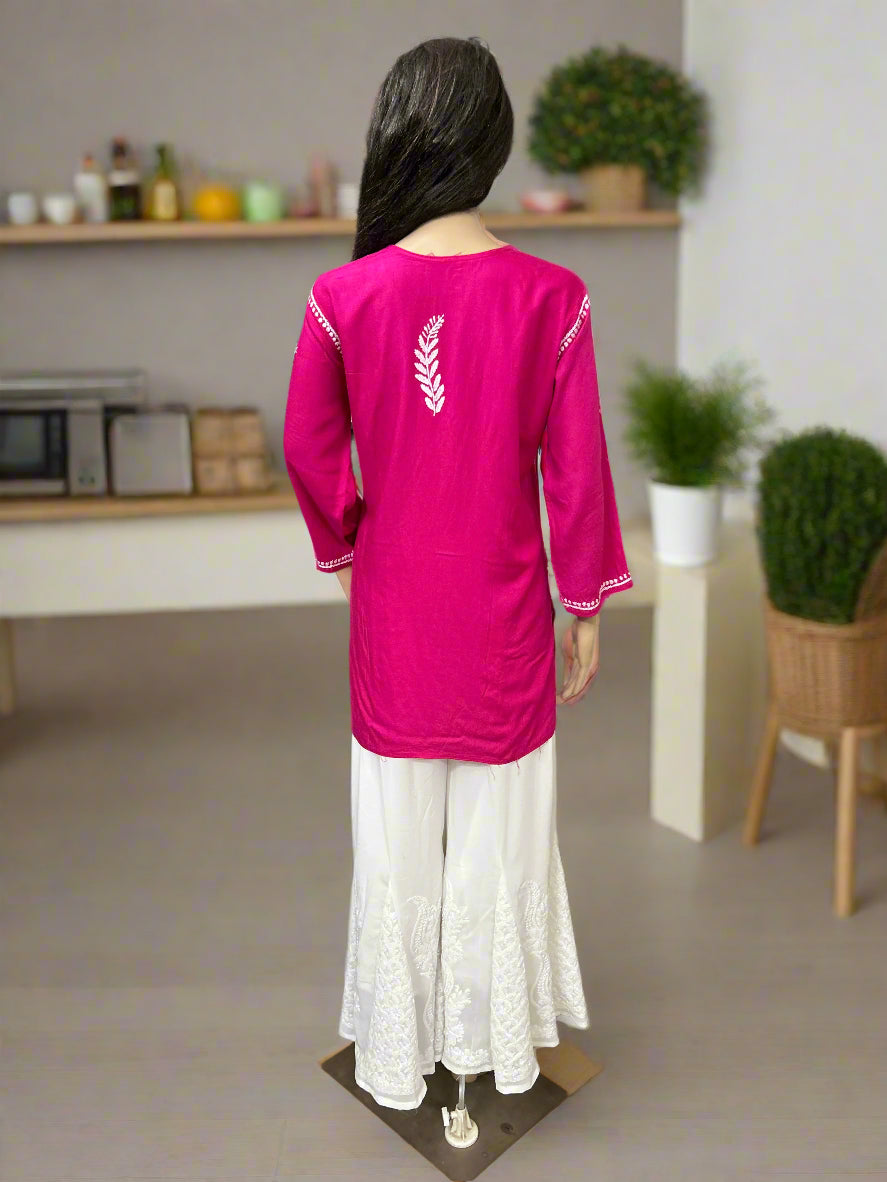 Lucknowi Chikankari Pink Rayon Short Kurti-T000078