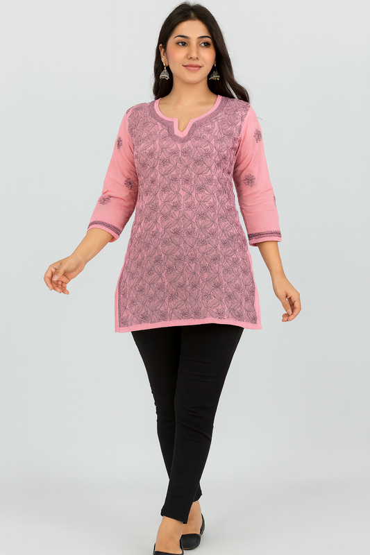 Lucknowi Chikankari Pink 'Shagufta' Cotton Short Kurti-T40022