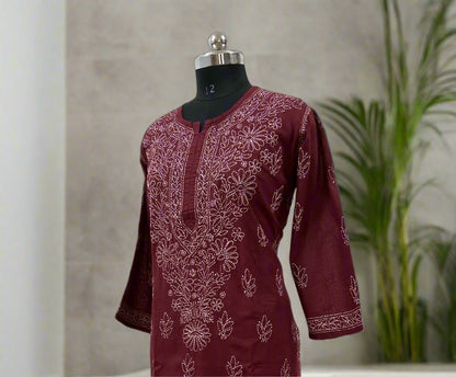 Lucknowi Chikankari Plus Size Maroon Cotton Kurti-Pl100001