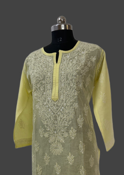 Lucknowi Chikankari Plus Size Yellow Cotton Kurti-Pl100005