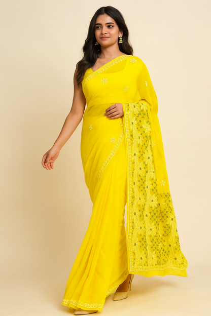 Lucknowi Chikankari Yellow 'Sunehri' Georgette Saree (With Blouse)-S00047