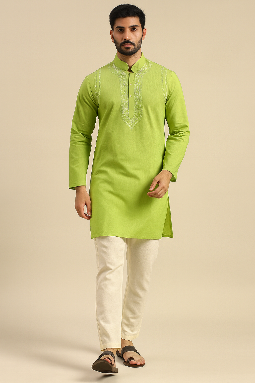 Lucknowi Chikankari Green 'Bahar' Cotton Gents Kurta-GK40004