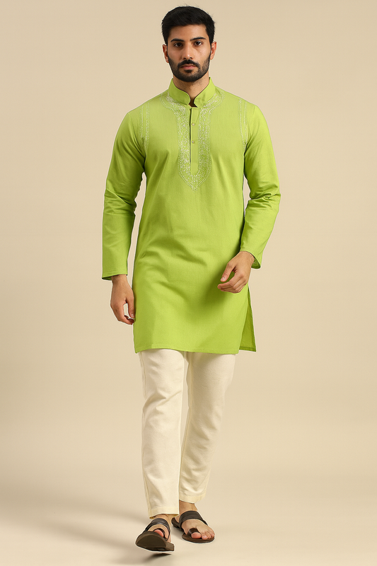 Lucknowi Chikankari Green 'Bahar' Cotton Gents Kurta-GK40004
