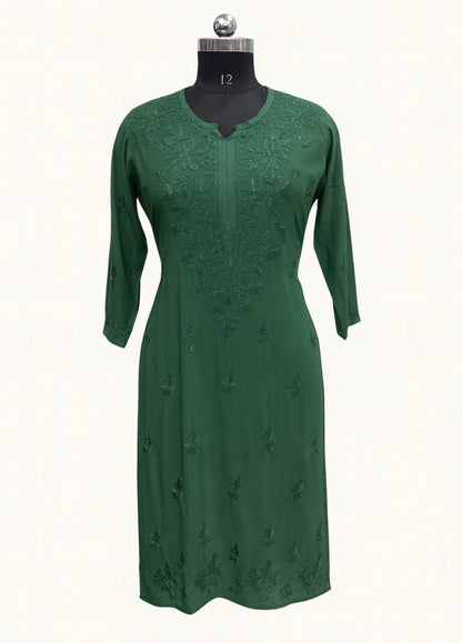 Lucknowi Chikankari Green 'Bahar' Modal Kurti-K000189