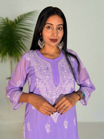 Lucknowi Chikankari Purple Georgette Kurti-K000064