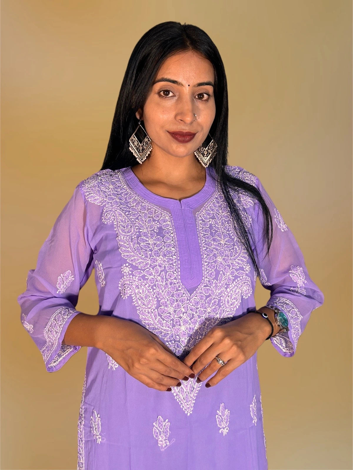 Lucknowi Chikankari Purple 'Jamuni' Georgette Kurti-K000064