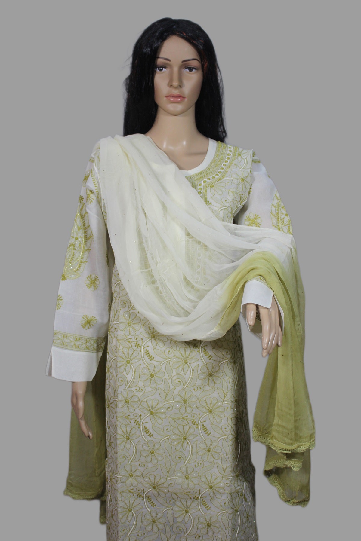 Lucknowi Chikankari Cream Cotton 3 Piece Kurta-Chudidar Pyjama-Dupatta Set-PJ00008